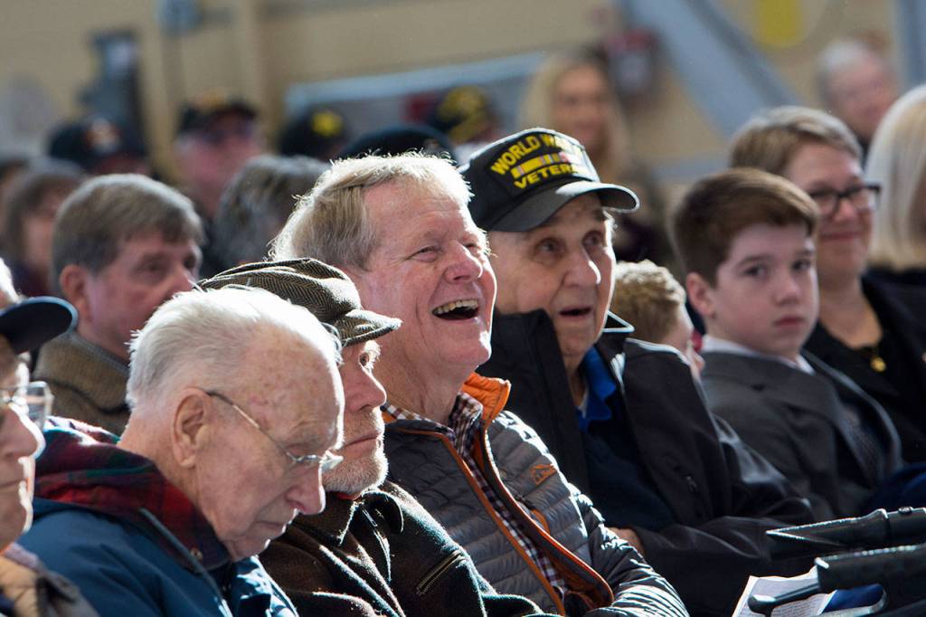 Clallam County commissioner and Army veteran Randy Johnson watches on during the Veterans Day ceremony at U.S. Coast Guard Air Station/Sector Field Office Port Angeles on Sunday. (Jesse Major/Peninsula Daily News)