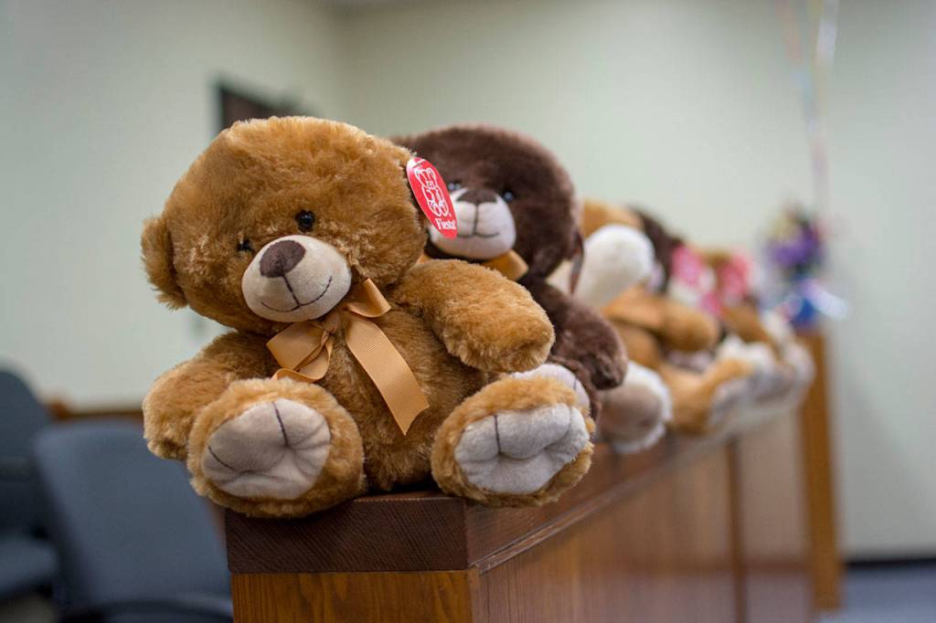 A jury of teddy bears watches on during adoption proceedings in Clallam County Superior Court on Thursday. (Jesse Major/Peninsula Daily News)