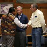 Oregon Sen. Jeff Merkley, right, shakes hands with JoDe Goudy, left, chairman of the Yakama Nation, as Rep. Earl Blumenauer, center, looks on. Merkley and Blumenauer visited the longhouse at Celilo Village and listened to members of the four Columbia River tribes speak March 29, 2016. (Dave Killen/The Oregonian/OregonLive)