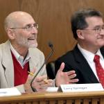Rep. Larry Springer, D-Kirkland, left, co-chair of the Legislative Task Force on Public Records, speaks Friday as he sits next to co-chair Sen. Curtis King, R-Yakima during a task force work session at the Capitol in Olympia. The panel was formed after a lawsuit produced a ruling that state legislators are subject to Washington states public records law. (Ted S. Warren/The Associated Press)