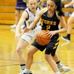 Michael Dashiell/Olympic Peninsula News Group Forks Iesha Johnson tries to keep the ball away from Sequims Riley Pyeatt.