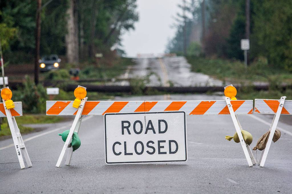 West Lauridsen Boulevard in Port Angeles remained closed to traffic Monday following Fridays windstorm. (Jesse Major/Peninsula Daily News)