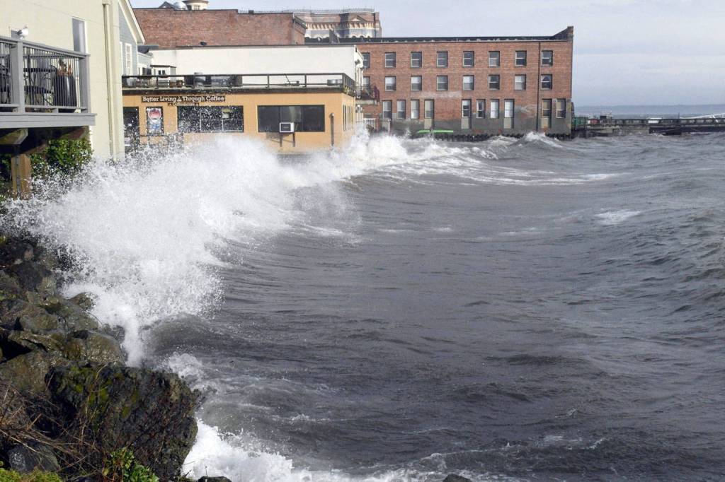 Powerful waves reached up the sides of waterfront buildings along the waterfront in Port Townsend. (Jeannie McMacken/Peninsula Daily News)                                Powerful waves reached up the sides of waterfront buildings along the waterfront in Port Townsend. (Jeannie McMacken/Peninsula Daily News)
