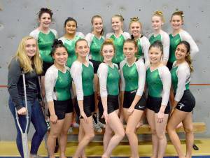 The Port Angeles gymnastics team beat Kingston this weekend in their first meet of the year. From left, back row, are Aiesha LaTourette, Maria Asselin (Sequim), Molly Scofield, Brooklynne Jacobs, Lisi Hansen, Aubrie Scott (Crescent) and Anne Edwards. Front row, from left are Maizie Tucker, Lesae Pfeffer (Sequim), Emma Sharp (Sequim), Danica Pierson (Sequim), Alyssa Peppers, Mei Ying Harper-Smith and Laura Lago.