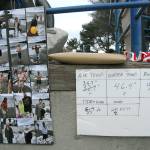 A sign listing plunge-time air and water temperatures, as well as tide and wind information, is posted near Hollywood Beach next to a poster featuring photos of previous Polar Bear Dip events. (Keith Thorpe/Peninsula Daily News)