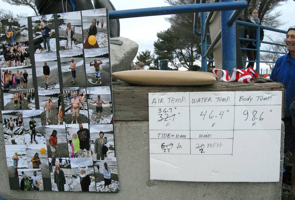 A sign listing plunge-time air and water temperatures, as well as tide and wind information, is posted near Hollywood Beach next to a poster featuring photos of previous Polar Bear Dip events. (Keith Thorpe/Peninsula Daily News)