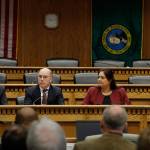 From left, House Speaker Frank Chopp, D-Seattle; Sen. Keith Wagoner, R-Sedro-Woolley, the ranking Republican on the Behavioral Health Subcommittee; Sen. Manka Dhingra, D-Redmond, chairwoman of the Behavioral Health Subcommittee; and Sen. Joe Schmick, R-Colfax, ranking Republican on the House Health Care and Wellness Committee, take part in the Mental Health Reform Panel discussion during the Associated Press Legislative Preview on Thursday at the Capitol in Olympia. (Ted S. Warren/The Associated Press)