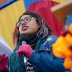 Abigail Vidals of Sequim speaks during the third annual Olympic Peninsula Womxns Wave in Port Townsend on Sunday. (Jesse Major/Peninsula Daily News)