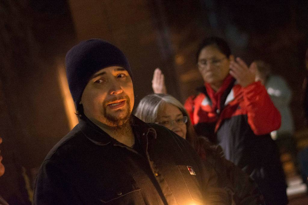 Lee Wachendorf speaks about his aunt, Valerie Claplanhoo, during her vigil Monday night. (Jesse Major/Peninsula Daily News)