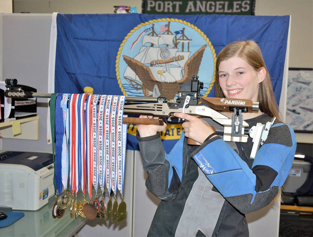 Patsene Dashiell/Port Angeles School District Port Angeles Cheyenne Maggard displays a collection of medals shes won for competing in shooting sports competitions. Maggard is in Alabama today and Saturday to compete in the Navy JROTC Service Marksmanship Championships.