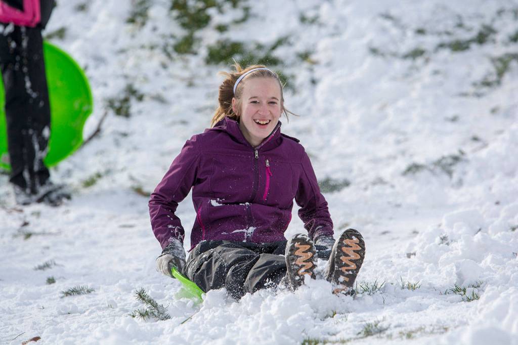 Jordyn Simpson, 13, of Port Angeles sleds down the hill at Stevens Middle School on Monday. (Jesse Major/Peninsula Daily News)