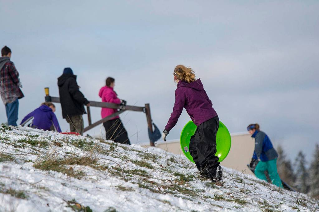 The hill at Stevens Middle School in Port Angeles becomes a popular sledding area when it snows. (Jesse Major/Peninsula Daily News)