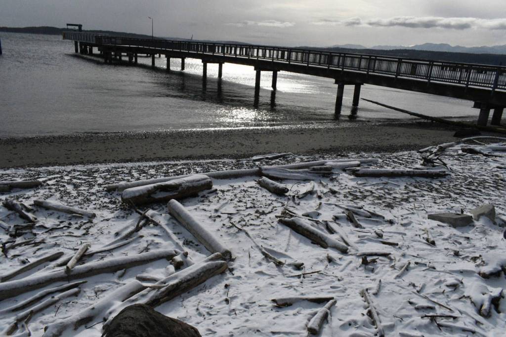 At the Northwest Maritime Center in Port Townsend, the snowfall reached the waters edge. (Jeannie McMacken/Peninsula Daily News)