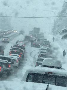 Sgt. John Hollis of the Clallam County Sheriffs Office shot this photo of a traffic jam just east of the Port Angeles border Friday. (Sgt. John Hollis/Clallam County Sheriffs Office)