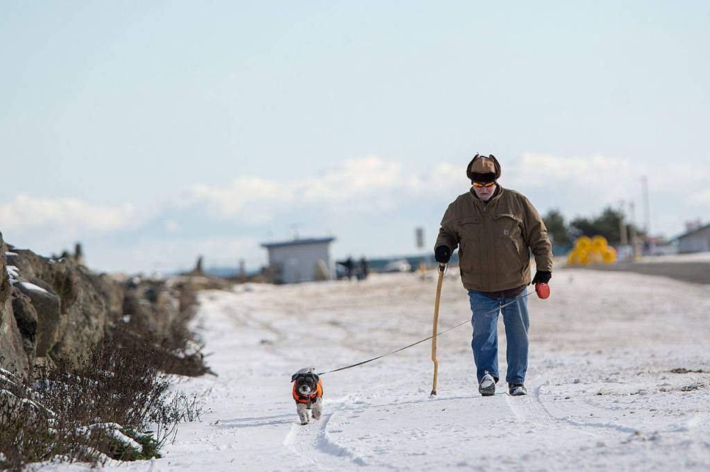 Walter Lawings of Port Angeles walks his dog Boo Bear at Ediz Hook on Sunday. (Jesse Major/Peninsula Daily News)