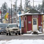Customers wait in line at Daily Grind in Port Angeles on Monday. Daily Grind is one of three coffee shops in Port Angeles offering free drinks to first responders after community donations came in. (Jesse Major/Peninsula Daily News)