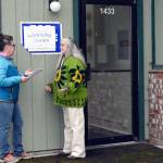 Suzanne DeMasso of Windermere Real Estate, left, and Julia Cochrane of the Interfaith Action Coalition discuss the three-month lease of a Sims Way commercial space that will be a Warming Center for 20 people. The Warming Center will open Saturday at 8:30 a.m. and will be in operation seven days a week. (Jeannie McMacken/Peninsula Daily News)