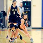 Michael Dashiell/Olympic Peninsula News Group Sequims Bobbi Sparks shields the basketball from a Foster defender during the Wolves state-tournament appearance-clinching 54-44 win over the Bulldogs Friday at Auburn-Mountainview High School.