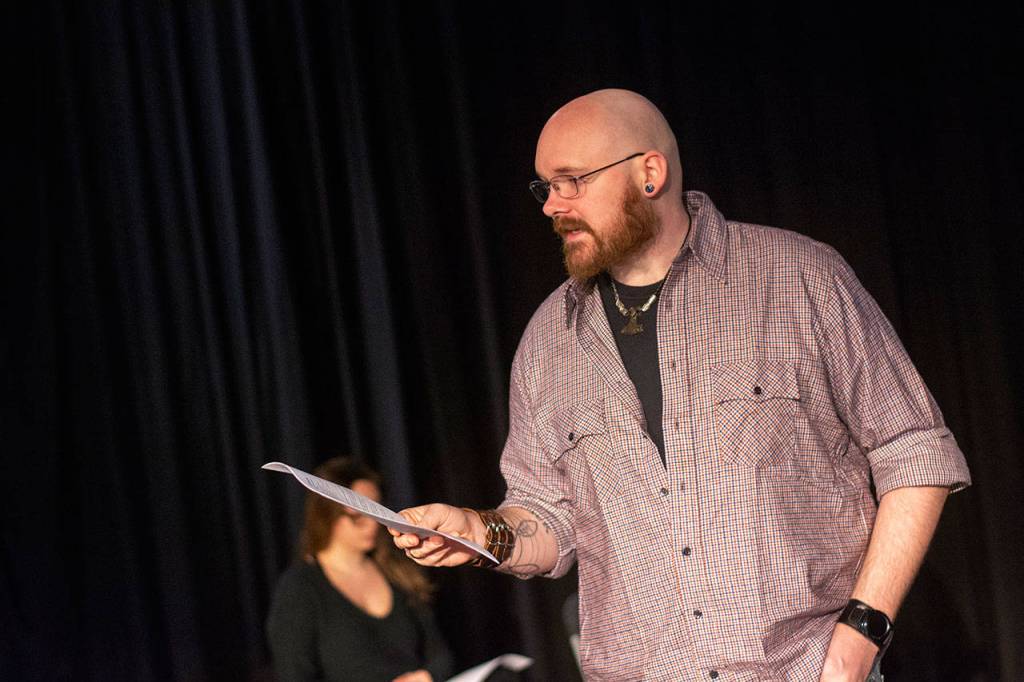 Peninsula College student Niko Borgeman rehearses a play about the opioid epidemic on the Olympic Peninsula. (Jesse Major/Peninsula Daily News)