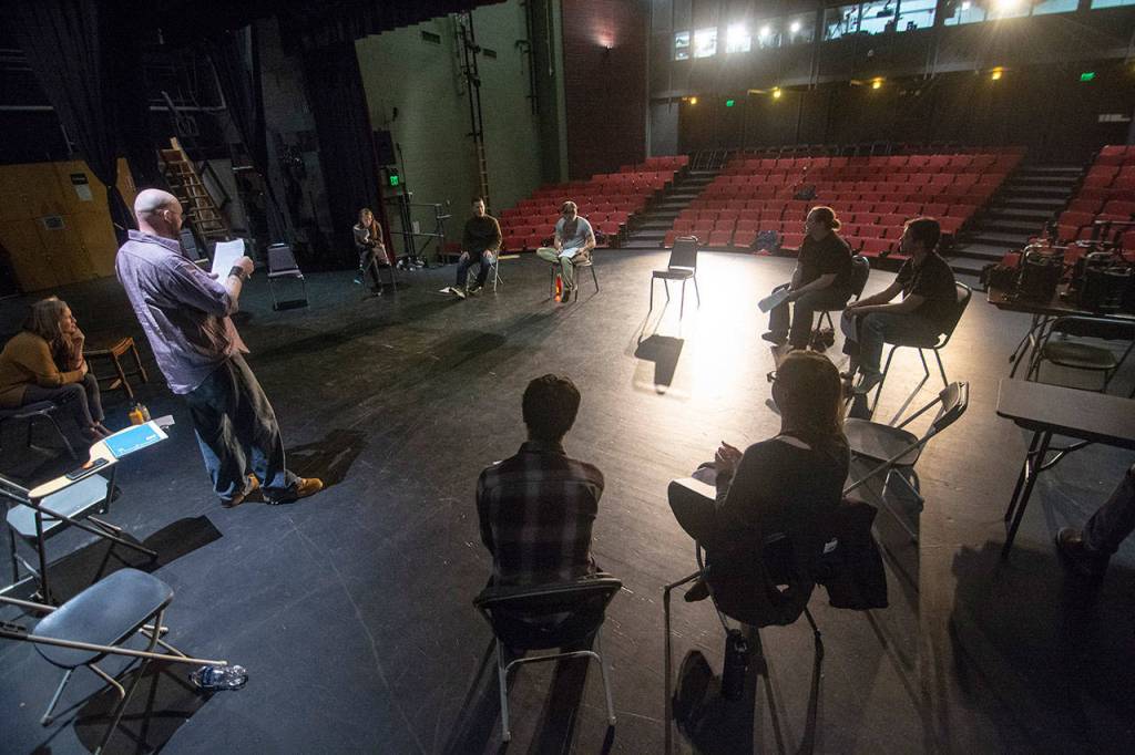 Peninsula College students rehearse OPioids, a student-written production about the opioid epidemic on the Olympic Peninsula. (Jesse Major/Peninsula Daily News)