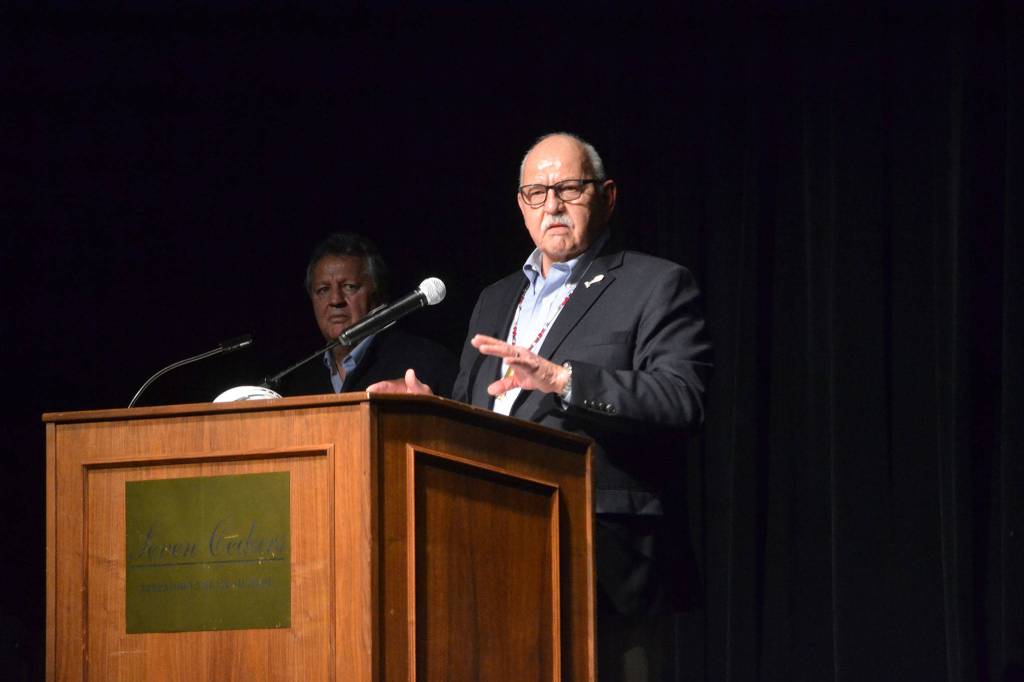 Ron Allen, Jamestown SKlallam Tribal Council chairman, told an audience of more than 150 people that the eventual product you see here will reflect who we are, reflect the beauty and pristine of the Olympic Peninsula. Matthew Nash/Olympic Peninsula News Group