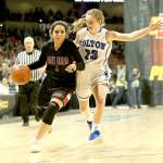 Neah Bays Courtney Swan brings the ball up the court in the Class 1B State Basketball Semifinals against Coltons Jordyn Moehrle on Friday. (Chris Johnson/for Peninsula Daily News)