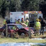 (Lonnie Archibald/For Peninsula Daily News)                                A two-car collision took place Friday at the junction of Highway 101 and Beaver Avenue north of Forks. A 91-year-old man was airlifted after transferring to the Forks hospital.