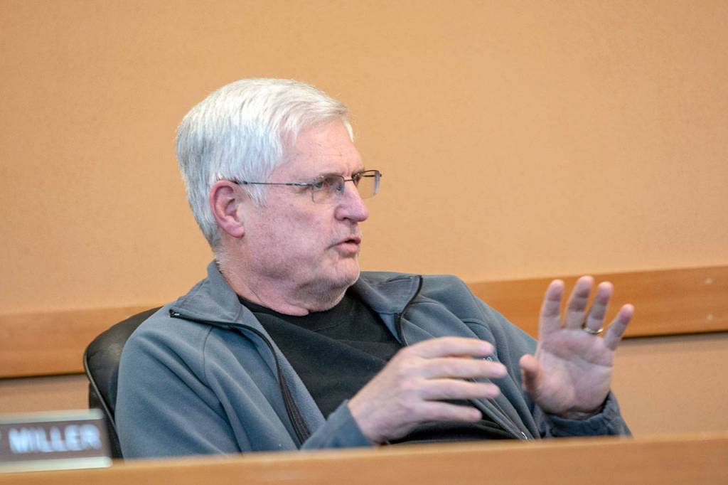 Clallam County Planning Commission member Scott Clausen says that he is against 5G technology during a work session Wednesday night. (Jesse Major/Peninsula Daily News)