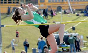 Port Angeles freshman Eve Burke won the girls high jump by clearing 4-feet, 10 inches during the Retro Flying A Meet at Port Angeles High School on Thursday.                                Keith Thorpe/Peninsula Daily News