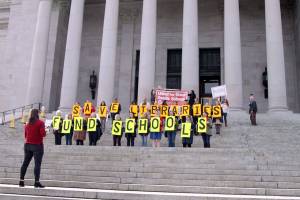 School librarians demonstrate at the Capitol to protest funding cuts