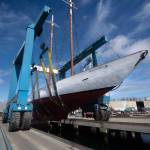 The schooner Adventuress waits to be lowered into the water at the Port Townsend Boat Haven Friday. (Jesse Major/Peninsula Daily News)