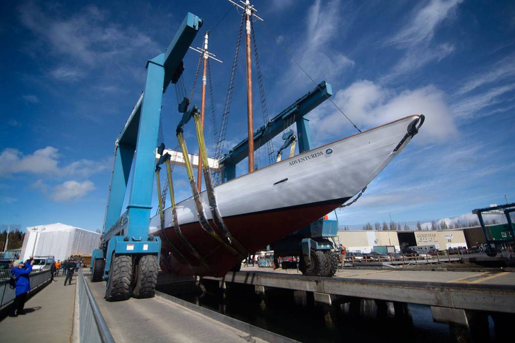 The schooner Adventuress waits to be lowered into the water at the Port Townsend Boat Haven Friday. (Jesse Major/Peninsula Daily News)