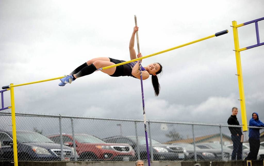 Michael Dashiell/Olympic Peninsula News Group Sequims Elizabeth Sweet won the pole vault with a height of 8 feet, 6 inches at Sequims home track meet Thursday.