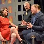 In First Date Casey (Emma Jane Garcia) and Aaron (Austin Krieg) breakdown their lives and stereotypes during a blind date as the waiter (Greg Scherer) listens in. (Matthew Nash/Olympic Peninsula News Group)