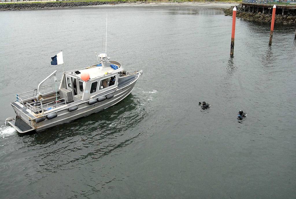 Divers float in Port Angeles Harbor at Port Angeles City Pier as a dive boat provides support during Tuesdays efforts to pull submerged debris from the water. (Keith Thorpe/Peninsula Daily News)