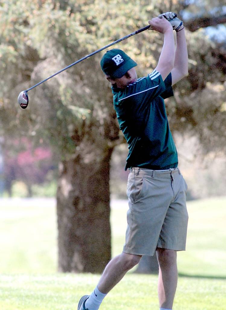 Keith Thorpe/Peninsula Daily News Port Angeles Derek Sparks drives down the fairway on the 10th hole at The Cedars at Dungeness during Tuesdays Olympic League Championship tournament.