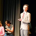 Maddy Dietzman is Elle Woods while Mikhail Ostrovsky plays Professor Callahan in Legally Blonde, the musical taking the Sequim High School auditorium stage this week. (Diane Urbani de la Paz/for Peninsula Daily News)