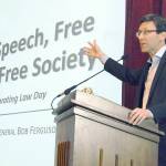 Washington Attorney General Bob Ferguson speaks about free speech in modern society during a presentation on Tuesday evening on the Port Angeles campus of Peninsula College. (Keith Thorpe/Peninsula Daily News)