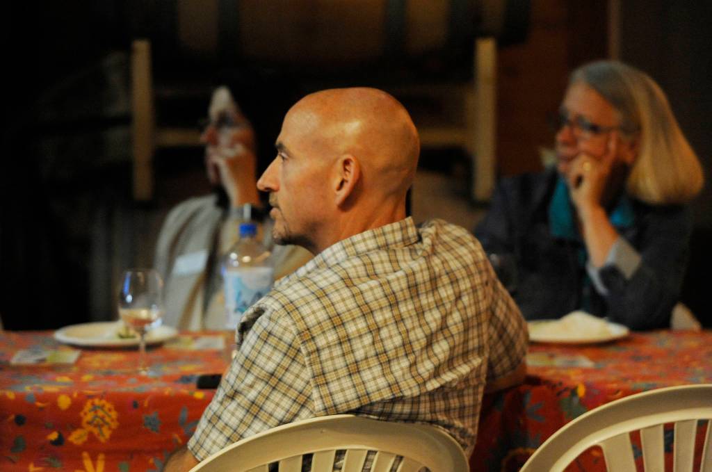 Brian Jackson, board member with the Sequim-Dungeness Valley Chamber of Commerce, joins fellow Sequim chamber members and Port Angeles Regional Chamber of Commerce members in discussion on Monday. (Michael Dashiell/Olympic Peninsula News Group)