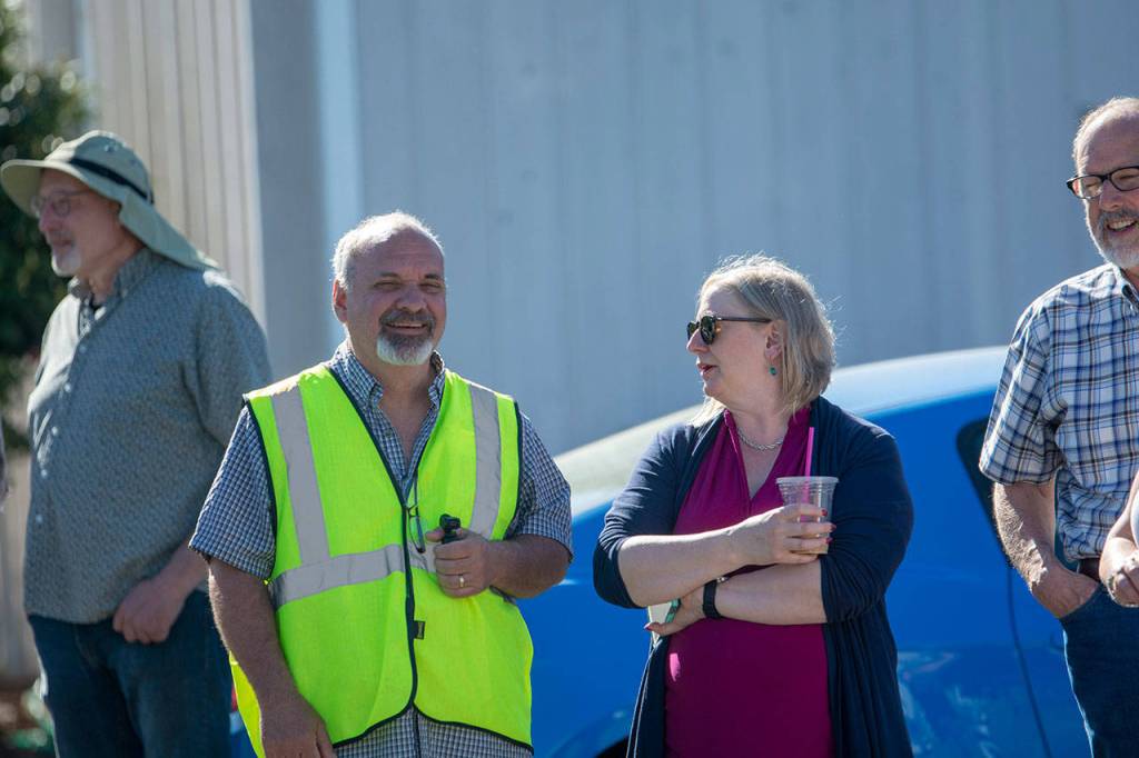 William Shore Memorial Pool Director Steve Burke talks with Peninsula Behavioral Health CEO Wendy Sisk aS PBHs Horizon Center moves down the road to make room for the pools expansion. (Jesse Major/Peninsula Daily News)