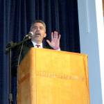 State Supreme Court Justice Steven Gonzalez speaks Monday morning during an assembly of 200 Chimacum High School students at the schools auditorium. Gonzalez covered his background and job duties, and he answered questions from the audience. (Brian McLean/Peninsula Daily News)