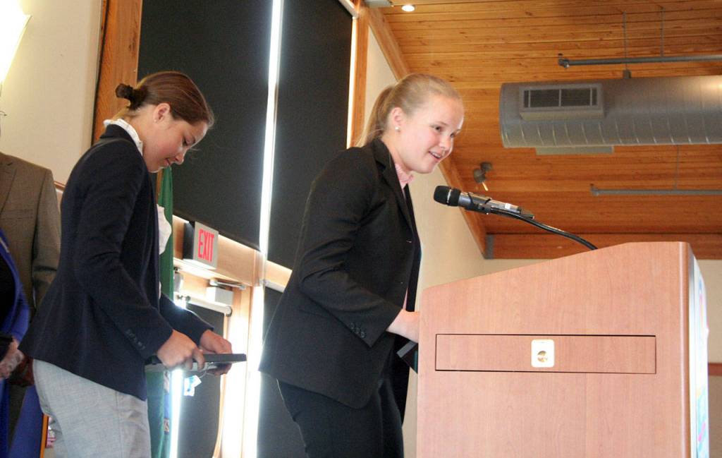 Eugenia Phillips-Frank and her twin sister, Viola, were two of the youth honorees Tuesday during the Heart of Service awards luncheon at the Northwest Maritime Center in Port Townsend. (Brian McLean/Peninsula Daily News)