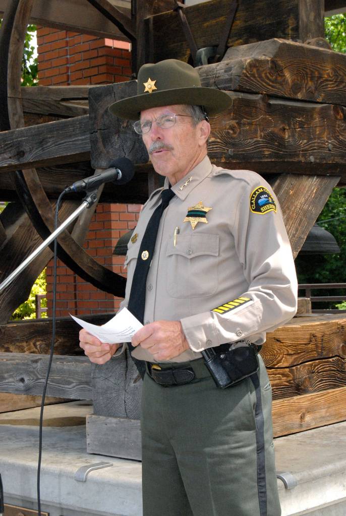 Clallam County Sheriff Bill Benedict delivers the introduction to Fridays ceremony honoring law enforcement officers killed in the line of duty. (Keith Thorpe/Peninsula Daily News)