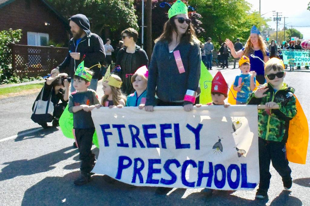 Students of Firefly Preschool participated in the 2019 Rhody Kiddies Parade on Friday. About 500 children walked the parade route from Lawrence to Monroe to Water Streets, finishing up at Pope Marine Park. The parade was led by Rhody royalty and the George Earl Memorial Choo Choo operated by members of the Kiwanis Club. (Jeannie McMacken/Peninsula Daily News).