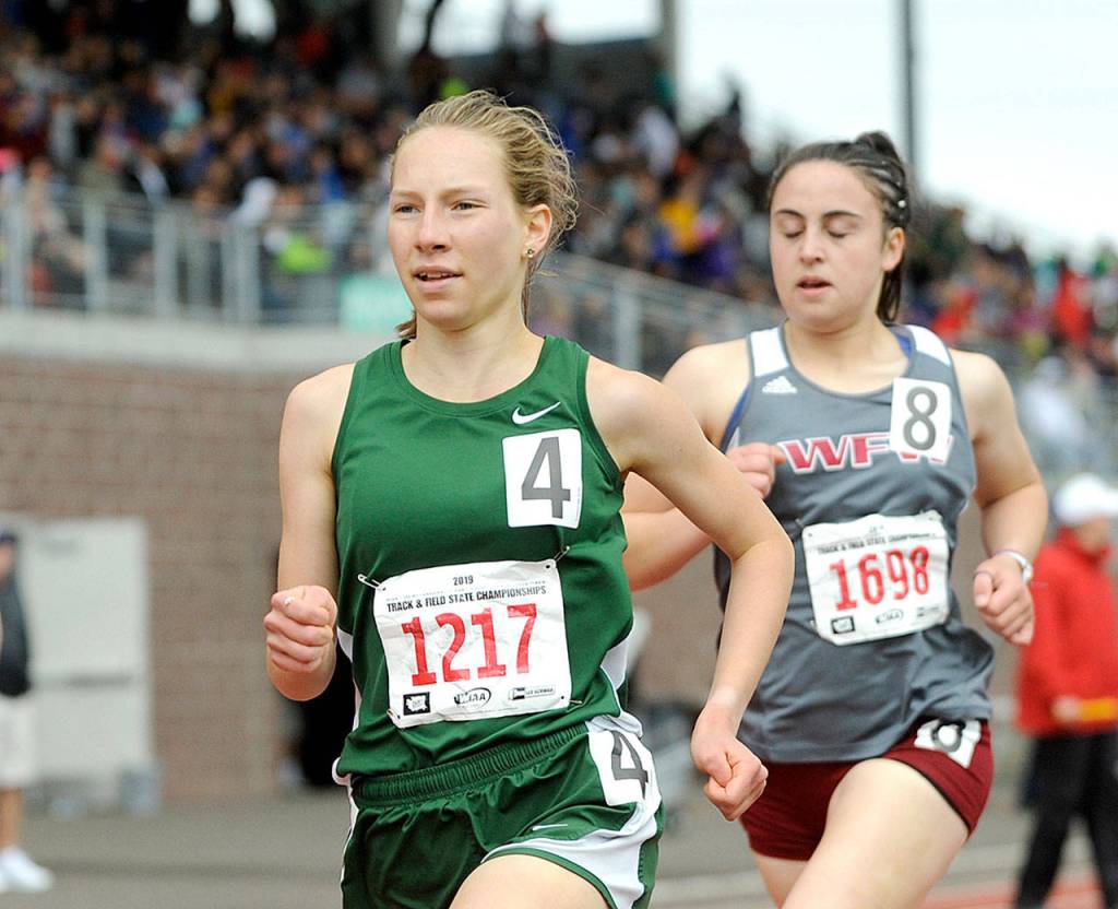 Port Angeles Lauren Larson runs in the 800 meters at the state 2A track and field championships at Mount Tahoma High School. Larson finished second in the 800, third in the 1,600 and xx in the 3,200. (Michael Dashiell/Olympic Peninsula News Group)