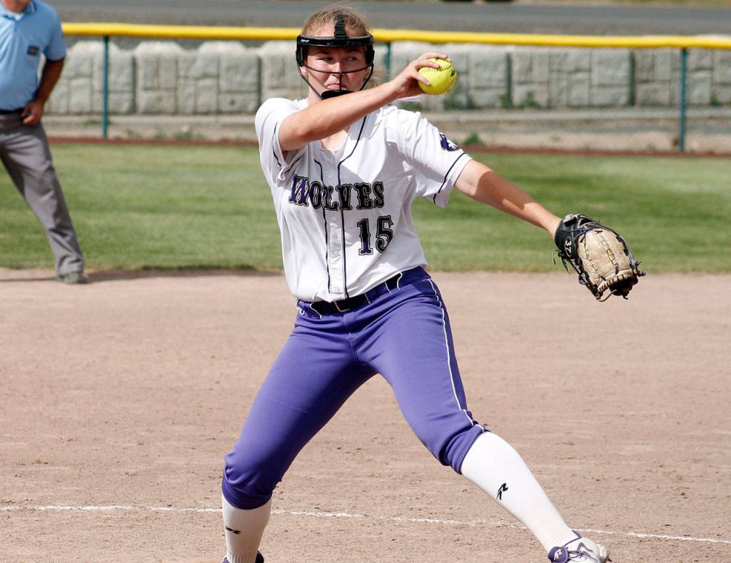 Sequims LeeAnn Raney pitches at the state 2A tournament. (Mark Krulish/Kitsap News Group)