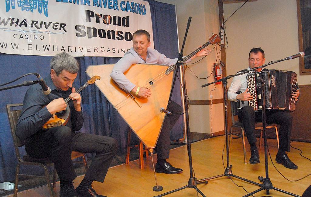 The Trio Voronezh performs a set of classical and contemporary music on Saturday at the Elks Club in Port Angeles, one of four venues for the Juan de Fuca Festival of the Arts. The band consists of, from left, Vladimir Volokhin on domra, Valerie Petrukhin of balalaika and Sergi Teleshev on bayan.