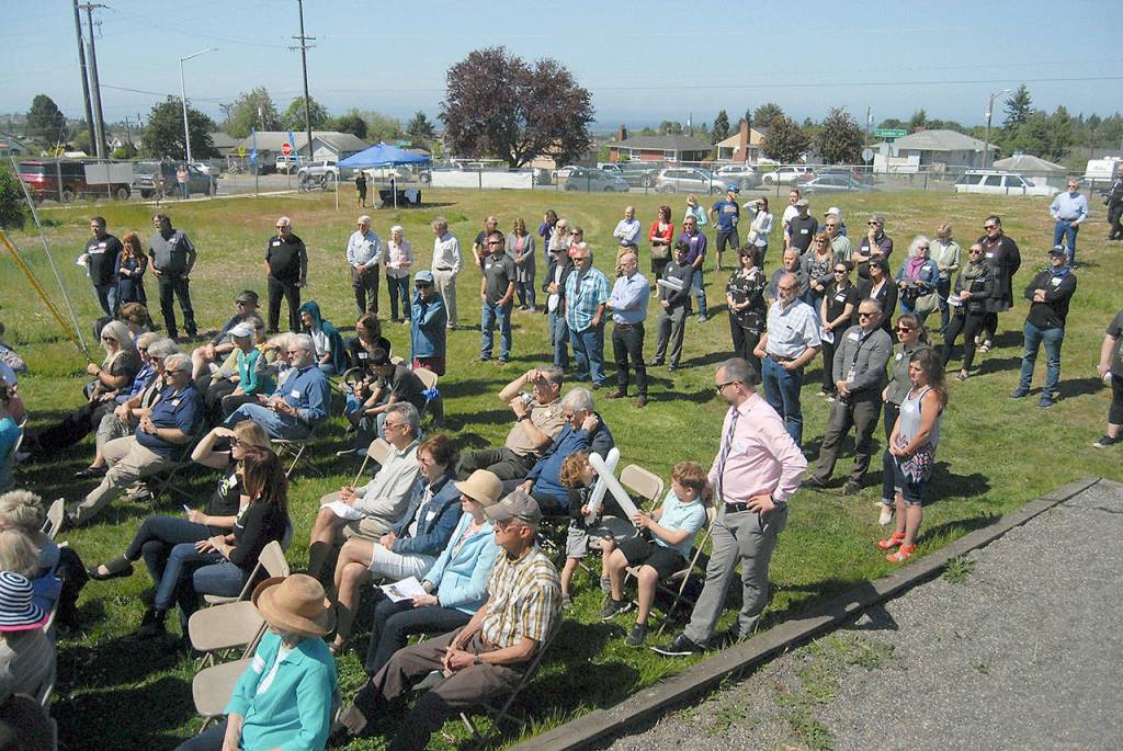 A crowd assembles on Friday at the site of the new Boys & Girls Club in Port Angeles. (Keith Thorpe/Peninsula Daily News)