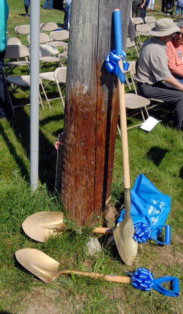 A ceremonial shovel, along with two shovels used to break ground on the Sequim Unit of the Boys & Girls Clubs, sit near a pole at the end of Fridays groundbreaking ceremony in Port Angeles. (Keith Thorpe/Peninsula Daily News)
