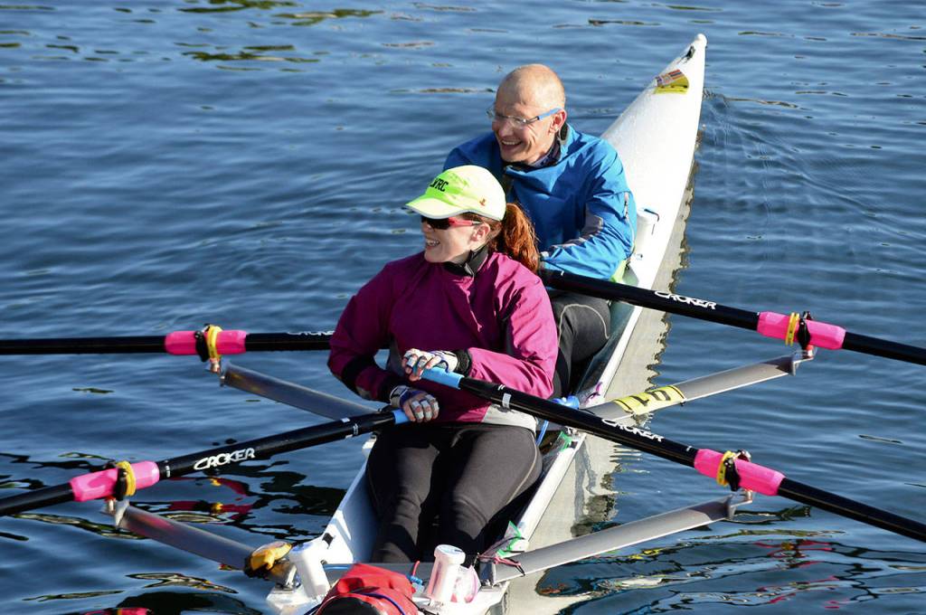 Kelly Johnson and Ivan Medvedev of Seattle rowed through thick fog and a deep-black night to reach Port Townsends Seventy48 finish line at 7:49 a.m. Saturday. Johnson was the fastest woman in this years race. (Diane Urbani de la Paz/for Peninsula Daily News)